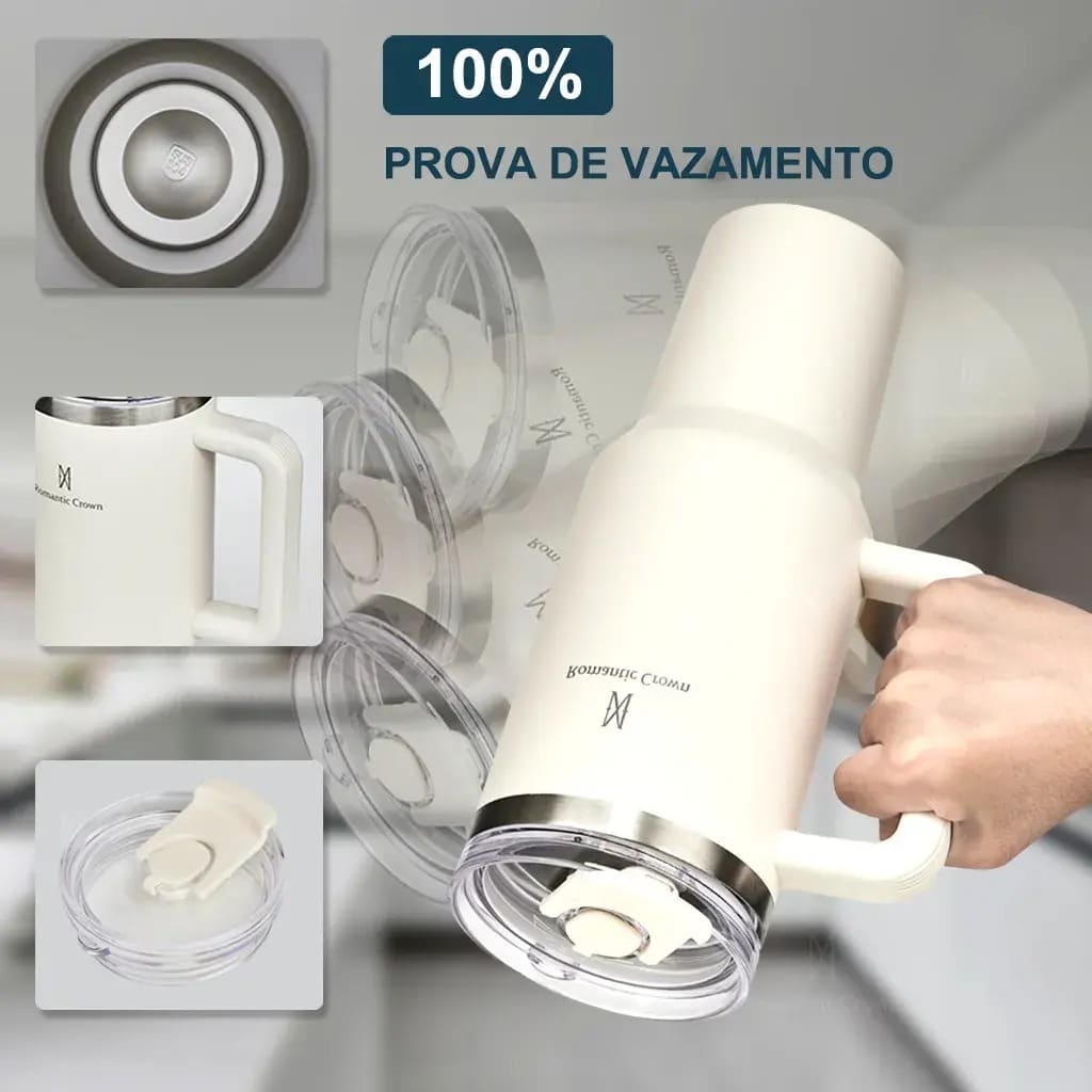 Visão lateral do Copo Térmico Gigante 1,2l Inox com canudo