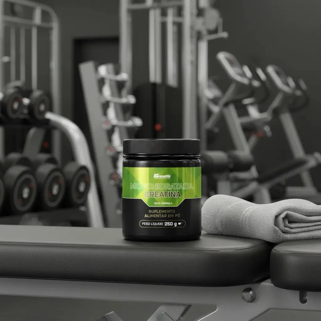 Pote de creatina monohidratada 250g growth pronto para uso na rotina de treinos