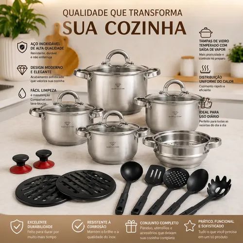 jogo de panelas inox 19 peças
